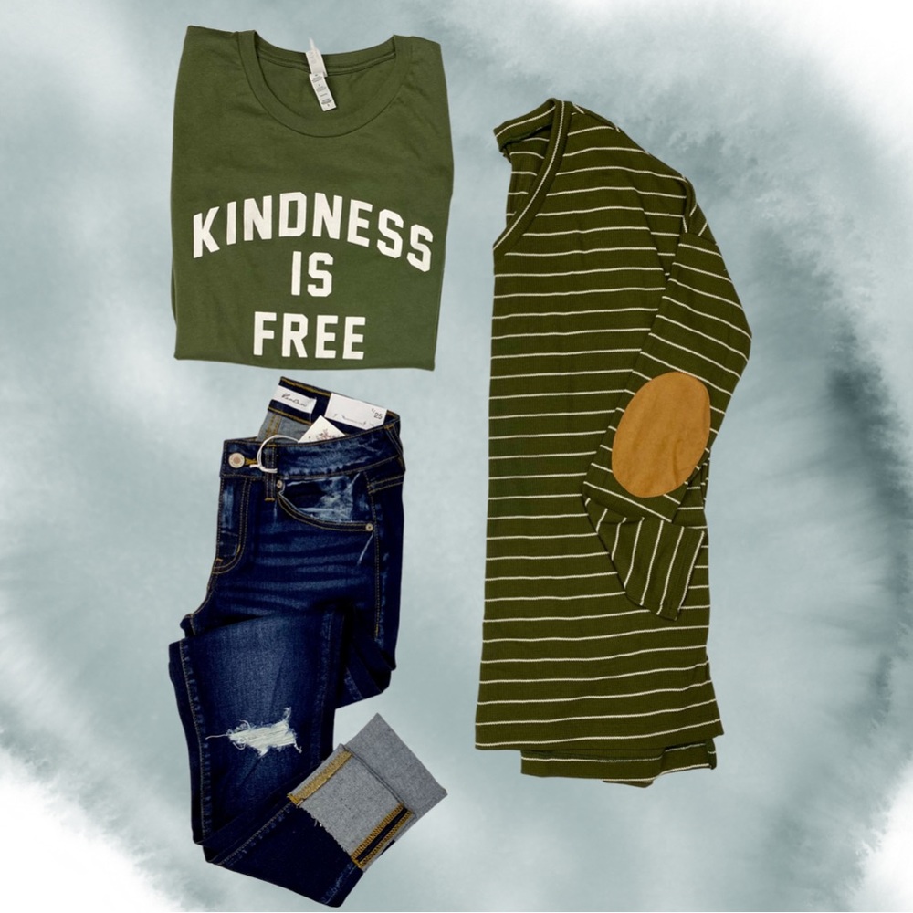 NWT White Birch Striped Waffle Long Sleeve Top With Suede Elbow Patch, Olive - Picture 5 of 6